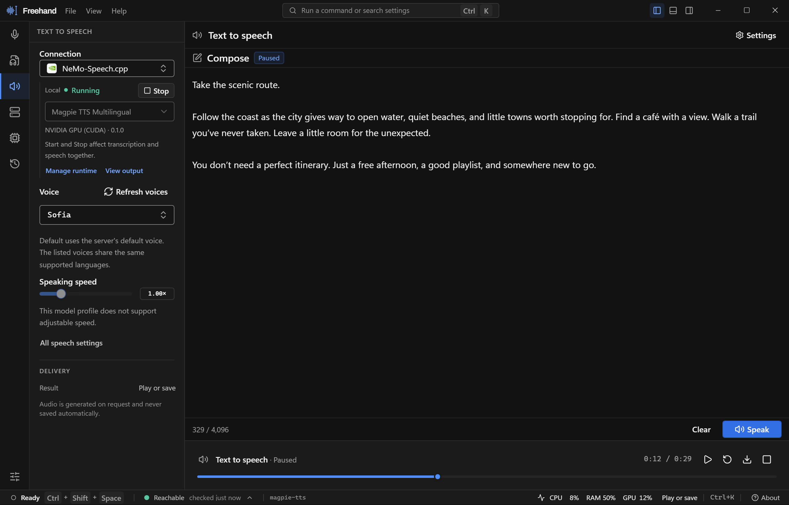 Freehand text-to-speech workspace with a short travel narration and audio playback controls.