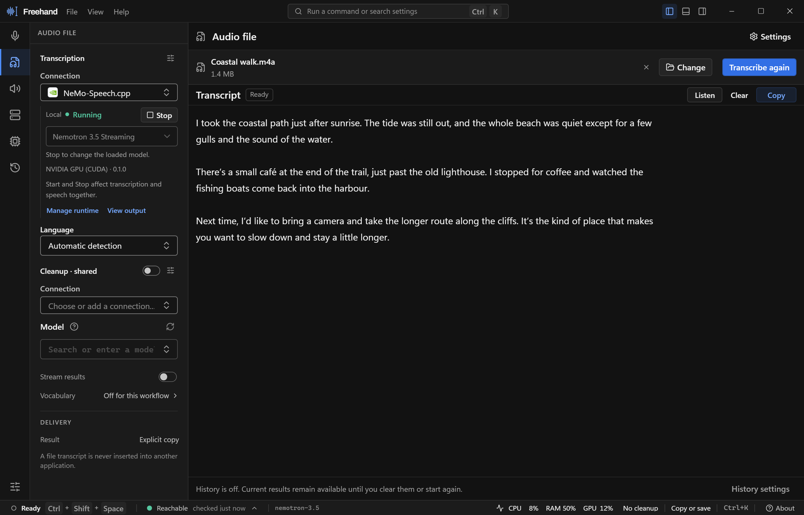 Freehand audio-file workspace with a completed coastal-walk transcript, ready to copy.