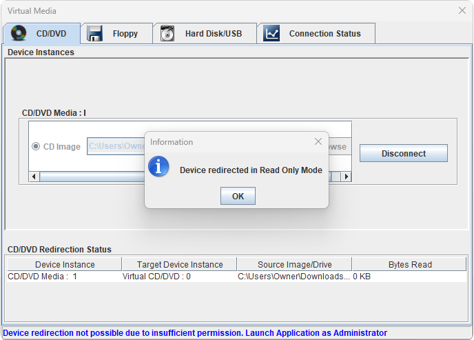 Virtual Media Wizard: Drive Redirected