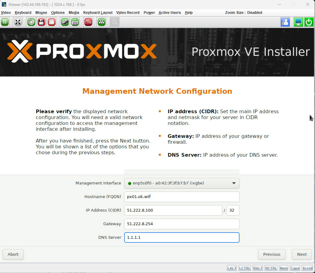 PVE Management Network Configuration populated