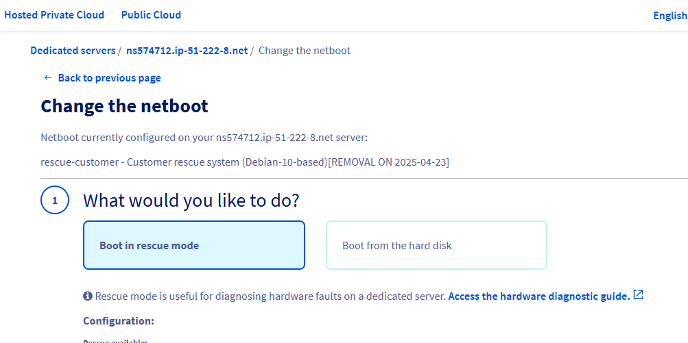 OVH Manager disable rescue mode