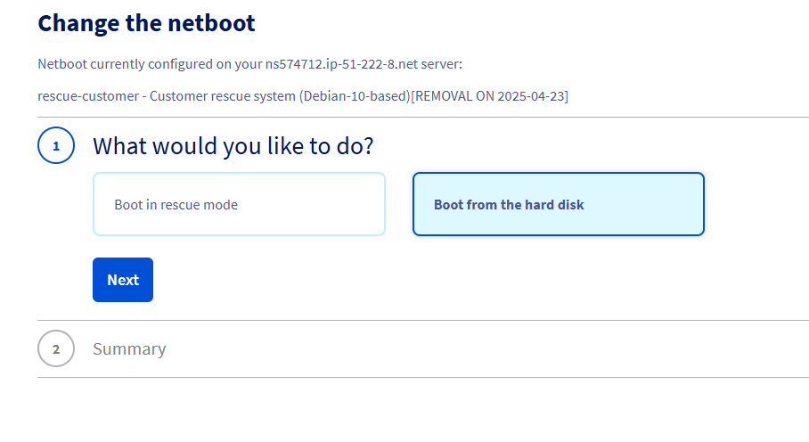 OVH Manager boot from the hard disk