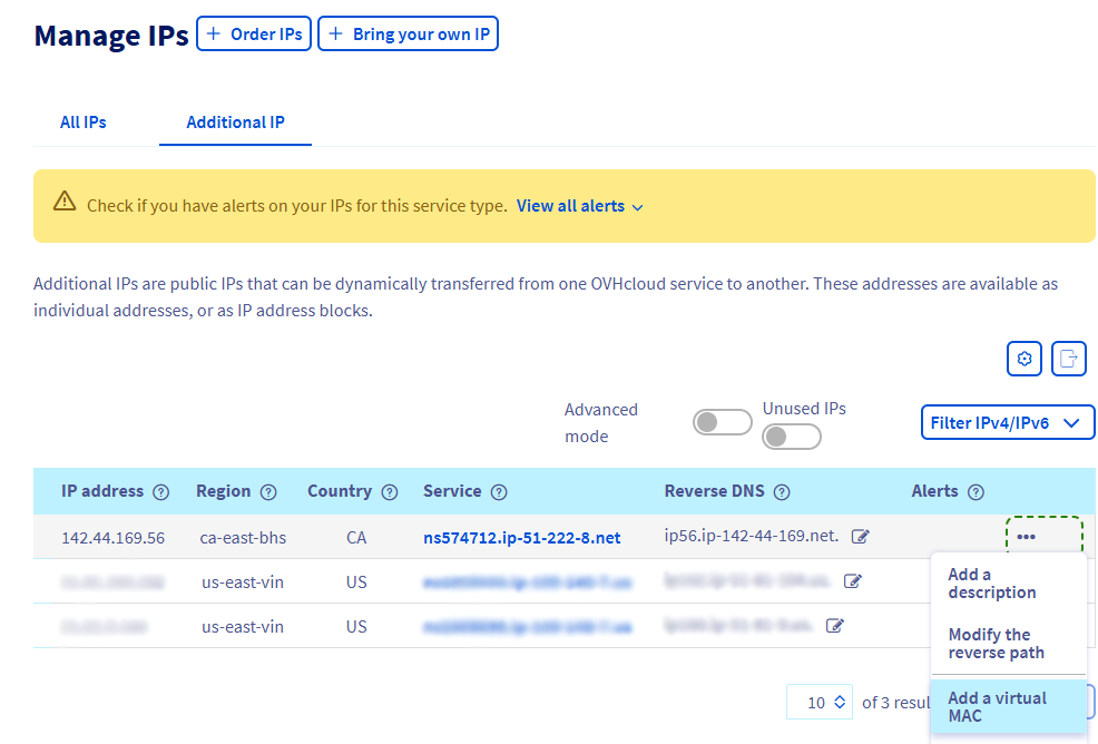 OVH Manager: Manage IPs Screen