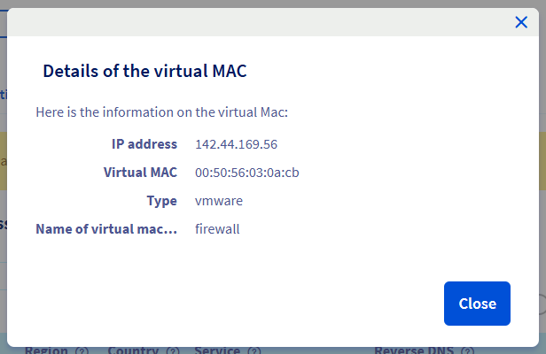 OVH Manager: Details of the virtual MAC