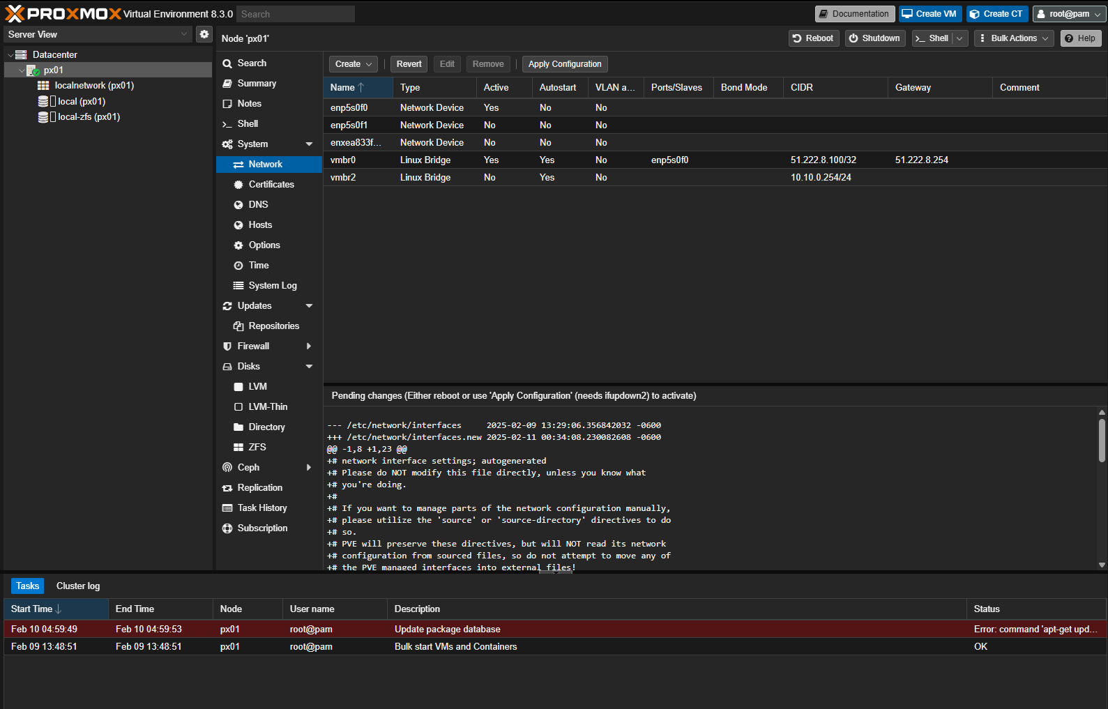 PVE Manager pending network changes