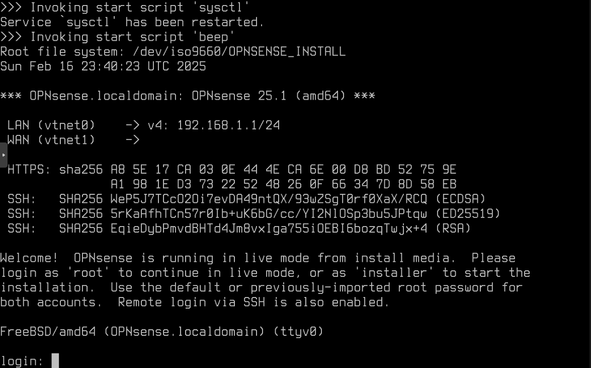 OPNsense ISO Console Login Screen