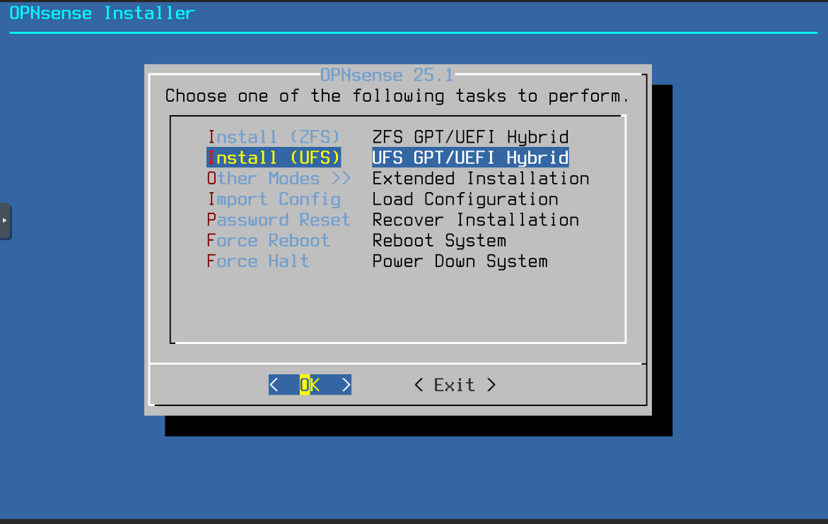 OPNsense Installer - Choose a task