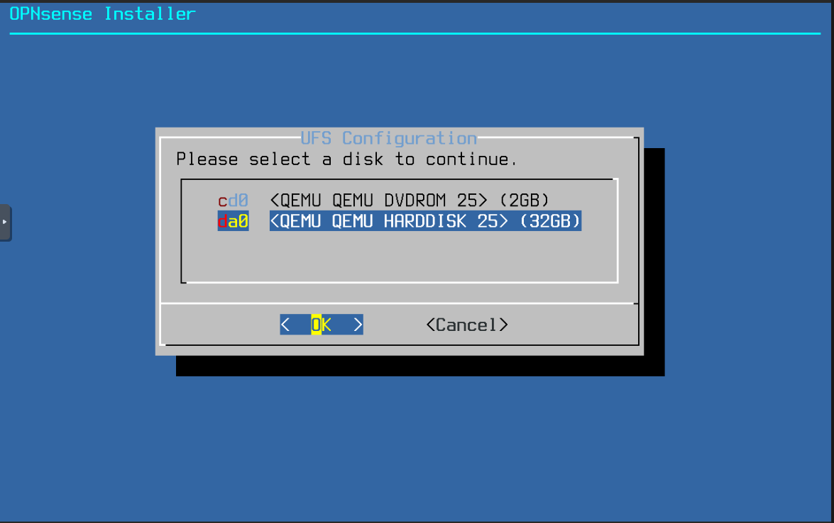 OPNsense Installer - Select a disk to continue