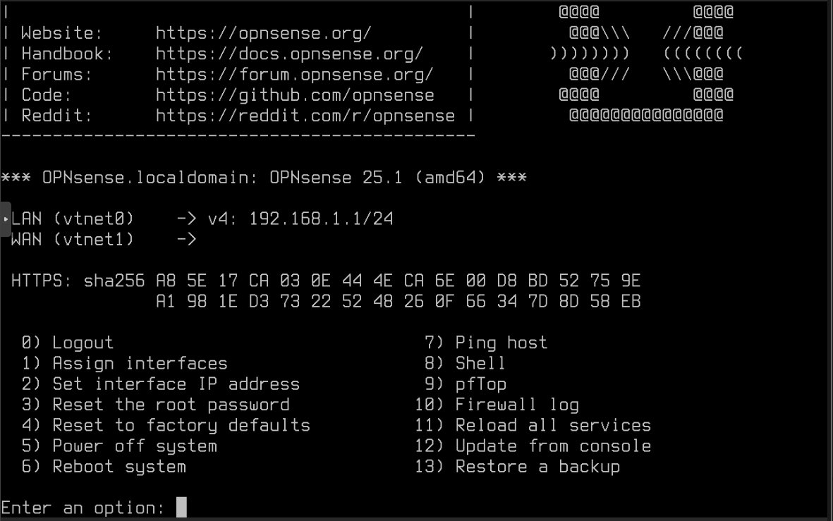 OPNsense Console: List of options