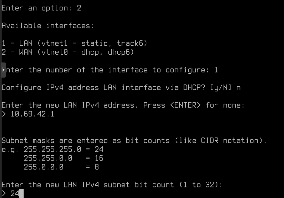OPNsense Console: Choose LAN IP address
