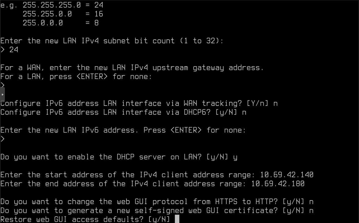 OPNsense Console: Finishing LAN config