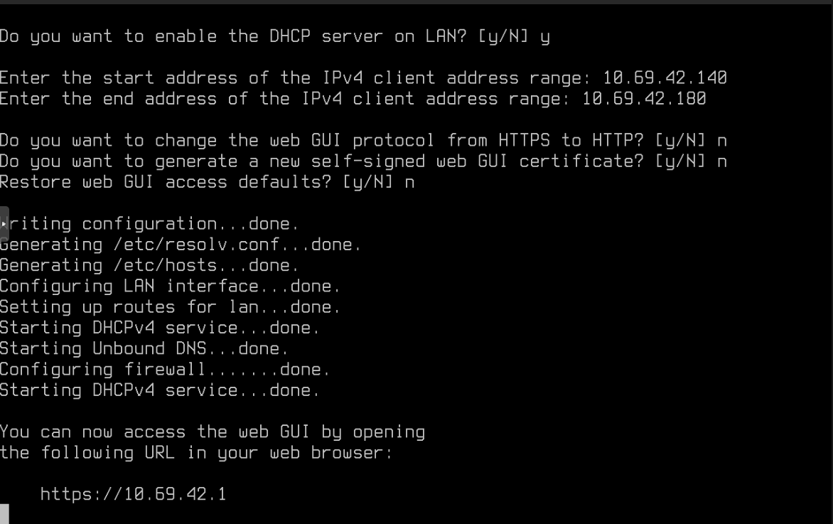 OPNsense Console: LAN config complete