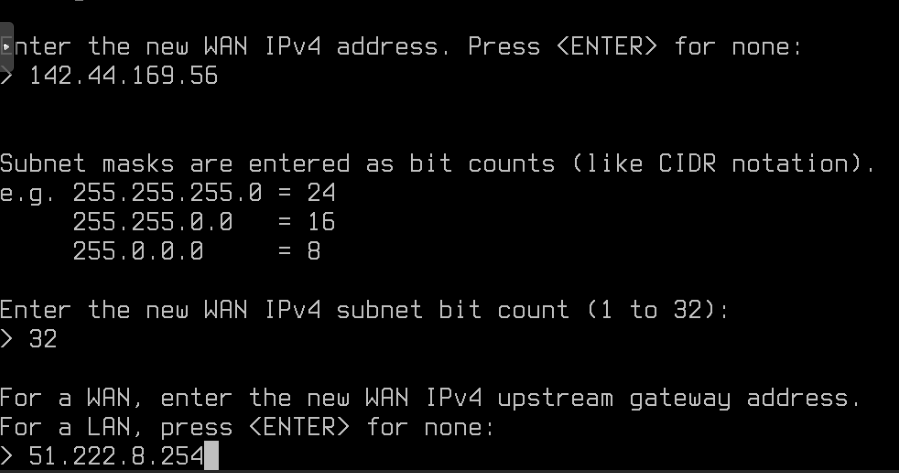 OPNsense Console: WAN GW Config