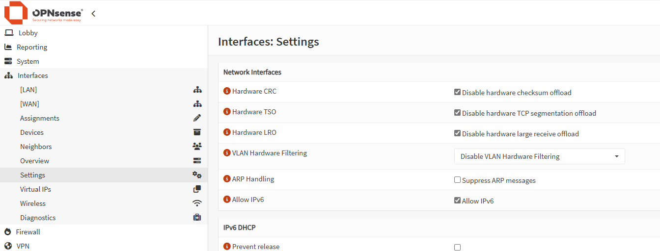 Interfaces settings