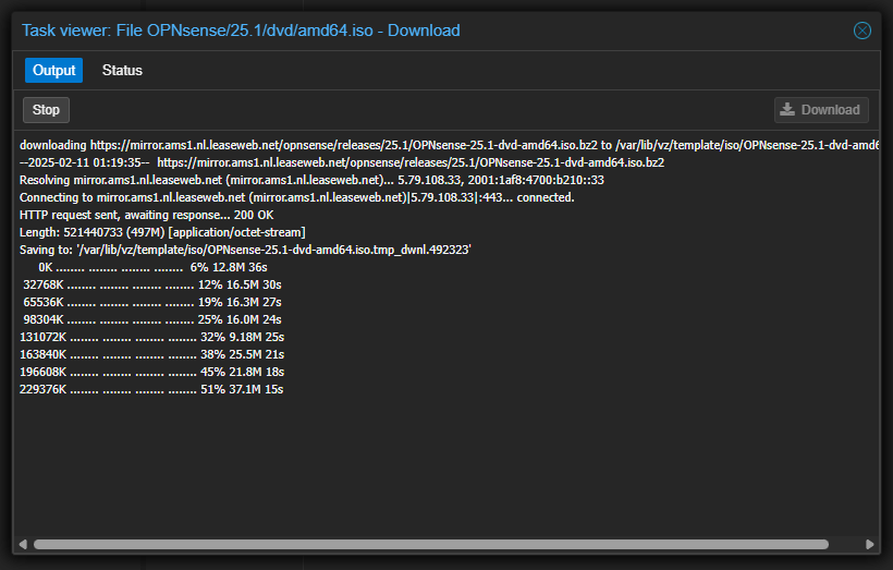 PVE ISO "Download from URL" Console Output