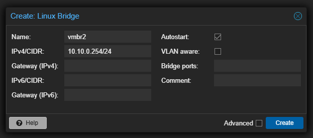 PVE Manager Create Linux Bridge Dialog